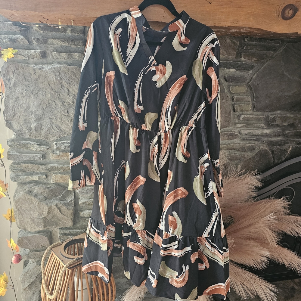 SHEIN Artistic Long Sleeve Dress - Black, Orange, Green